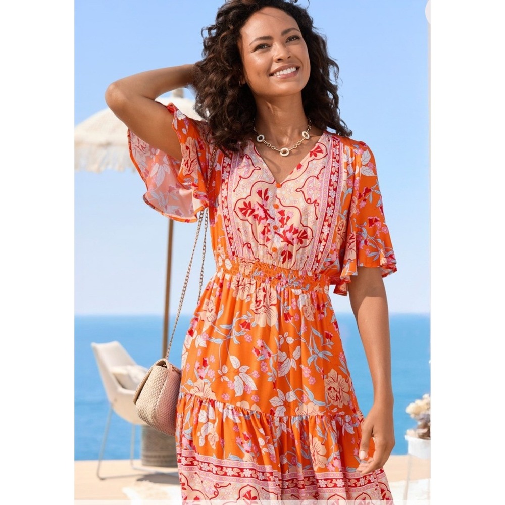 Lascana Orange Floral Boho Tiered V Neck Short Flutter Sleeve Mini Dress‎ 10 NWT